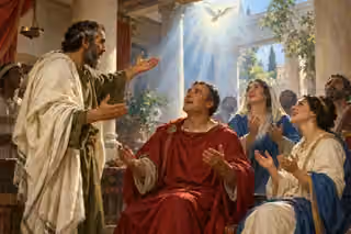 Peter speaks to Cornelius and his household as they pray joyfully beneath a dove and luminous rays in a Roman-era home.