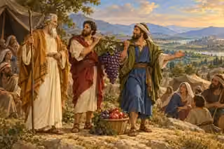 Joshua and Caleb return with abundant grapes and fruit, presenting their hopeful report to Moses before a sunlit wilderness encampment.
