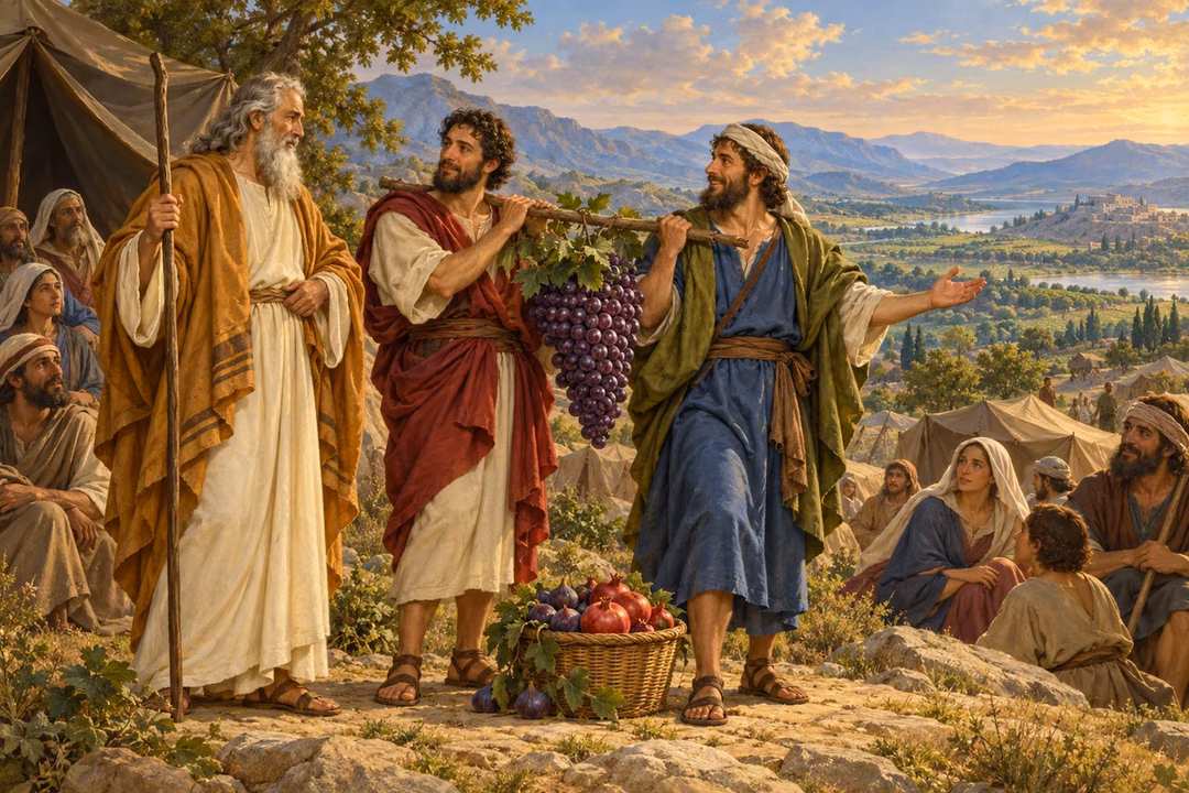 Joshua and Caleb return with abundant grapes and fruit, presenting their hopeful report to Moses before a sunlit wilderness encampment.