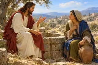 Jesus teaches beside a stone well while the Samaritan woman listens with a hand over her heart, her clay jar resting beside her.