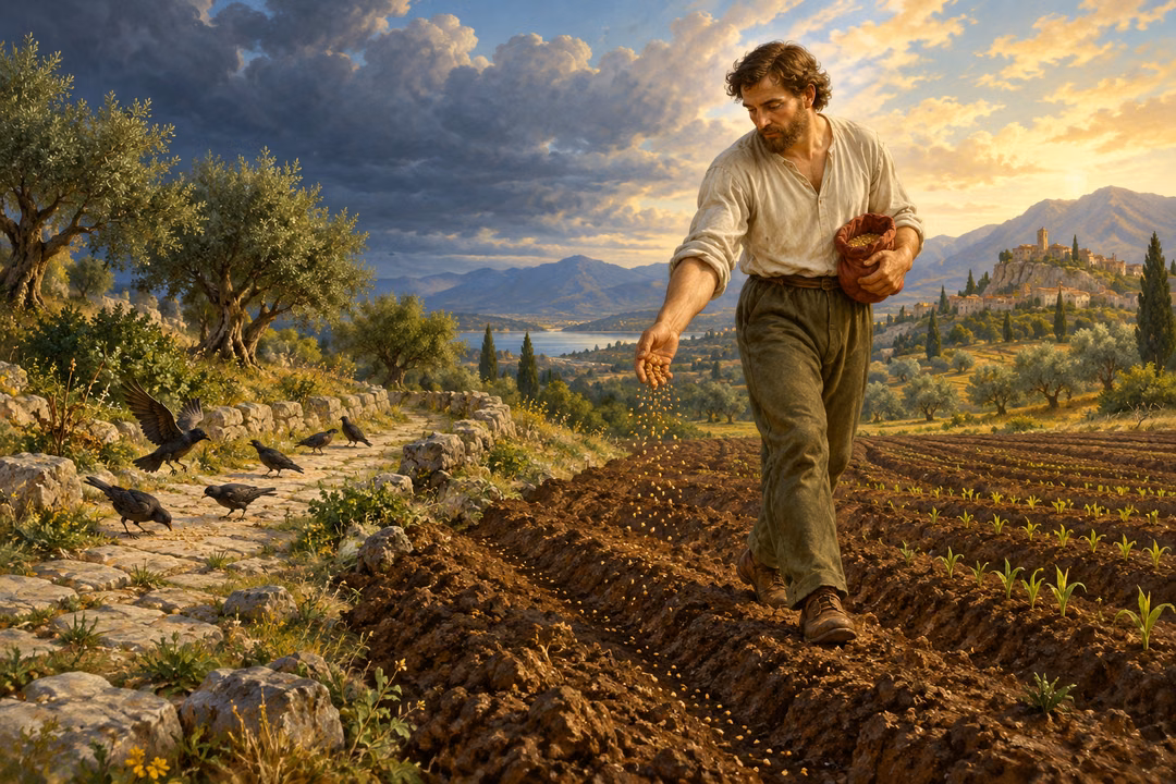 A farmer sows seed into fertile earth while birds gather seed from a hard path nearby.