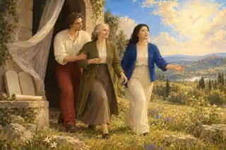 Three believers step through a lifted veil into a bright meadow, leaving blank law tablets and a scroll behind while caring for one another.