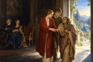 A woman and young man warmly take an older woman's hand by a luminous garden doorway while two people sit turned away in shadow.