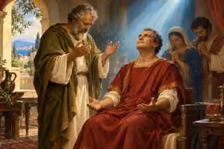 Peter prays beside Cornelius and his family as pearl light fills their home, suggesting faith and renewal in the Spirit.