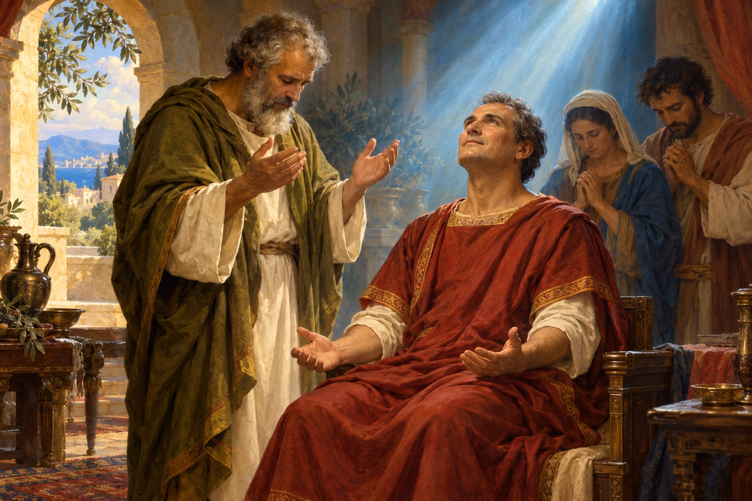 Peter prays beside Cornelius and his family as pearl light fills their home, suggesting faith and renewal in the Spirit.