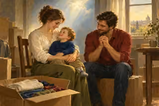 A young family shares thankful quiet joy in a modest new apartment among moving boxes and folded clothes.