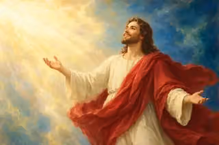 Raphael-inspired oil painting of a joyful Jesus in ivory and crimson with two open hands, looking toward a broad field of golden light against a blue precreation expanse.