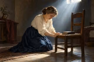 A contrite woman kneels beside a wooden chair and closed book as a strong shaft of pale light illuminates the dim room.