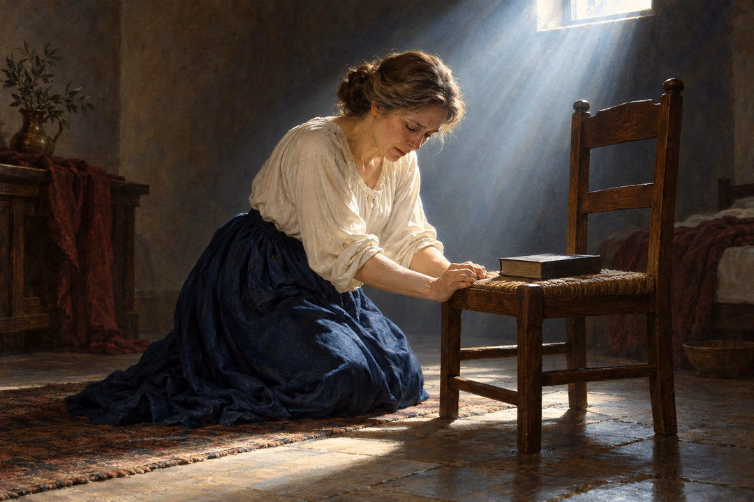 A contrite woman kneels beside a wooden chair and closed book as a strong shaft of pale light illuminates the dim room.
