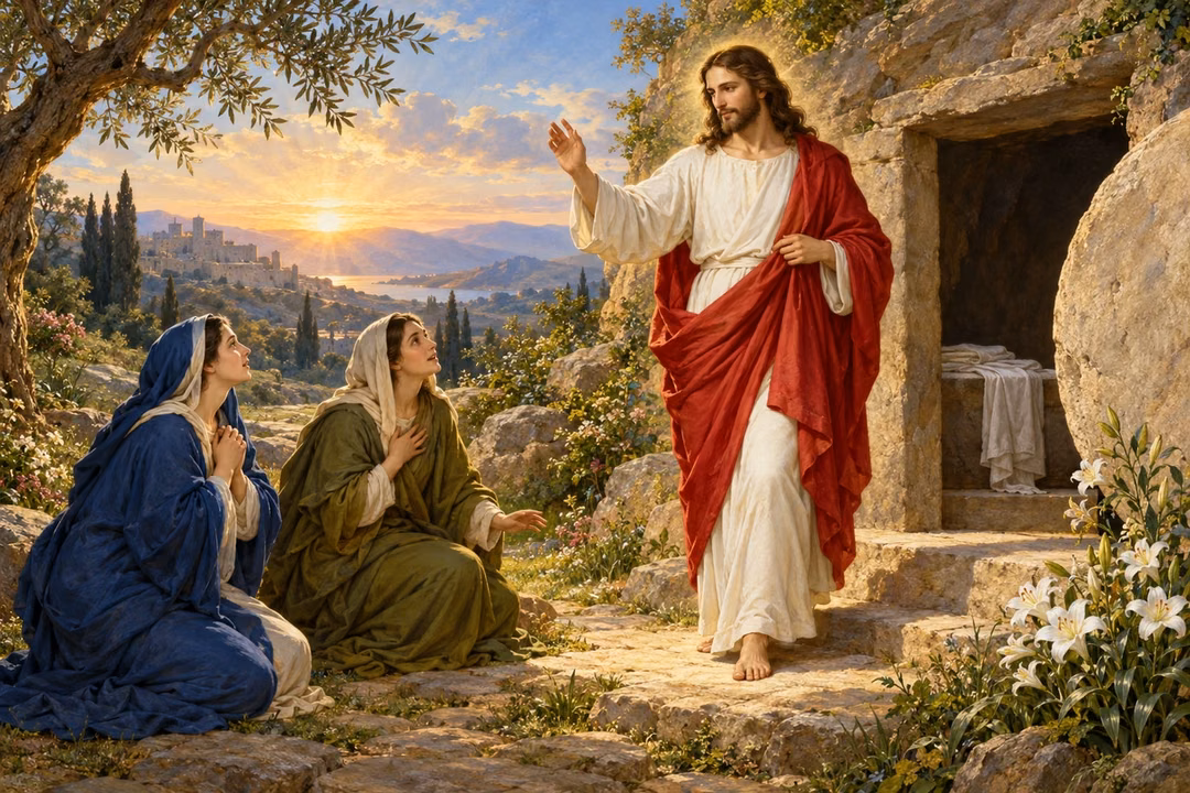 The risen Christ steps from the empty tomb into pearl dawn light before two witnesses.