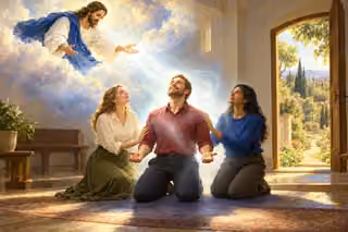 A single continuous radiance from the risen Jesus renews a contemporary prayer group inwardly, with an open garden path suggesting continued holy perseverance.