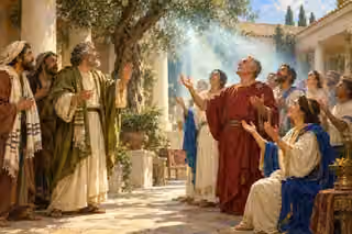 Peter and his companions marvel as Cornelius's household praises God in luminous spiritual renewal.