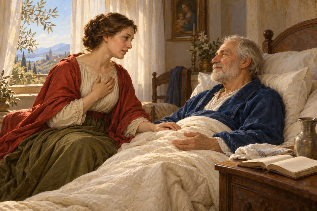 A woman offers a gentle prayer beside an elderly man’s bed in warm morning light.