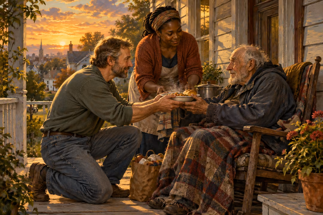 Two volunteers offer a meal to an elderly man seated on his porch.