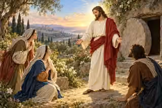 The risen Jesus welcomes women and a disciple beside the empty tomb.