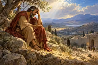 A weary prophet in crimson sits beneath a tree with his forehead in one hand, overlooking a walled city and departing figures in warm morning light.