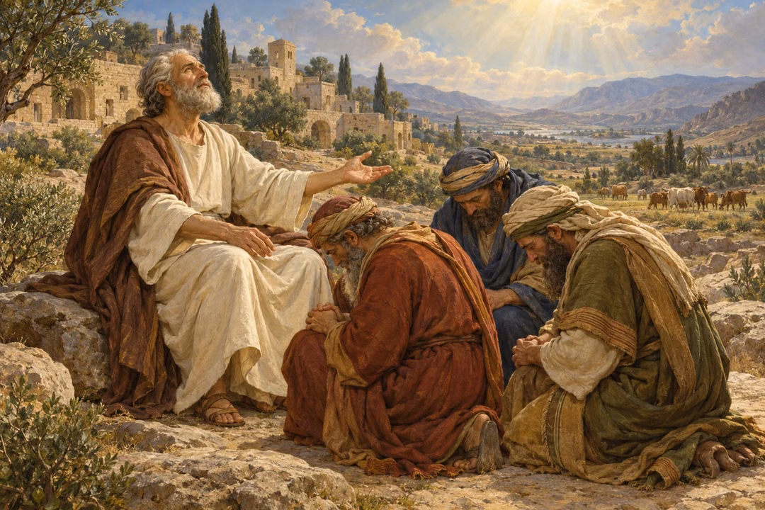 Job prays mercifully for his three humbled friends outside an ancient village.