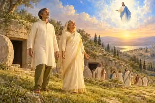 Restored believers stand in pearl-lit dawn near open tombs beneath the radiant presence of Christ.