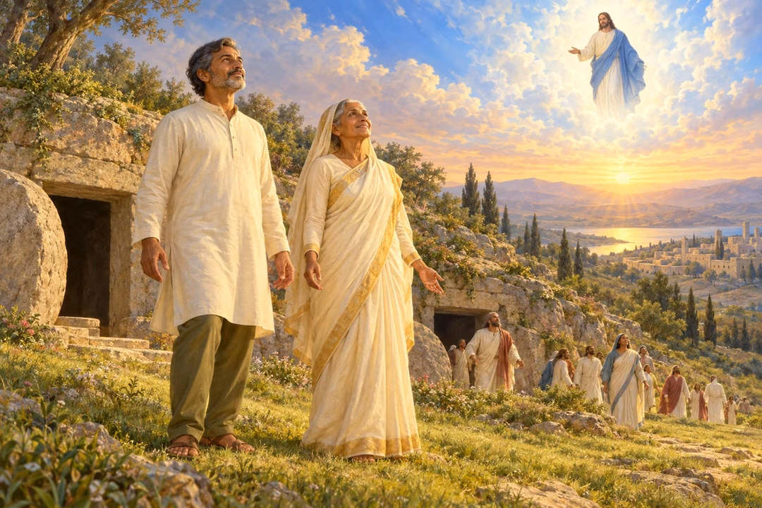 Restored believers stand in pearl-lit dawn near open tombs beneath the radiant presence of Christ.