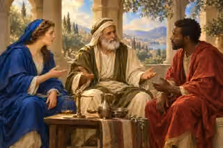 A wise elder listens equally to two neighbors beneath an arcade, with balanced scales suggesting impartial mercy and justice.