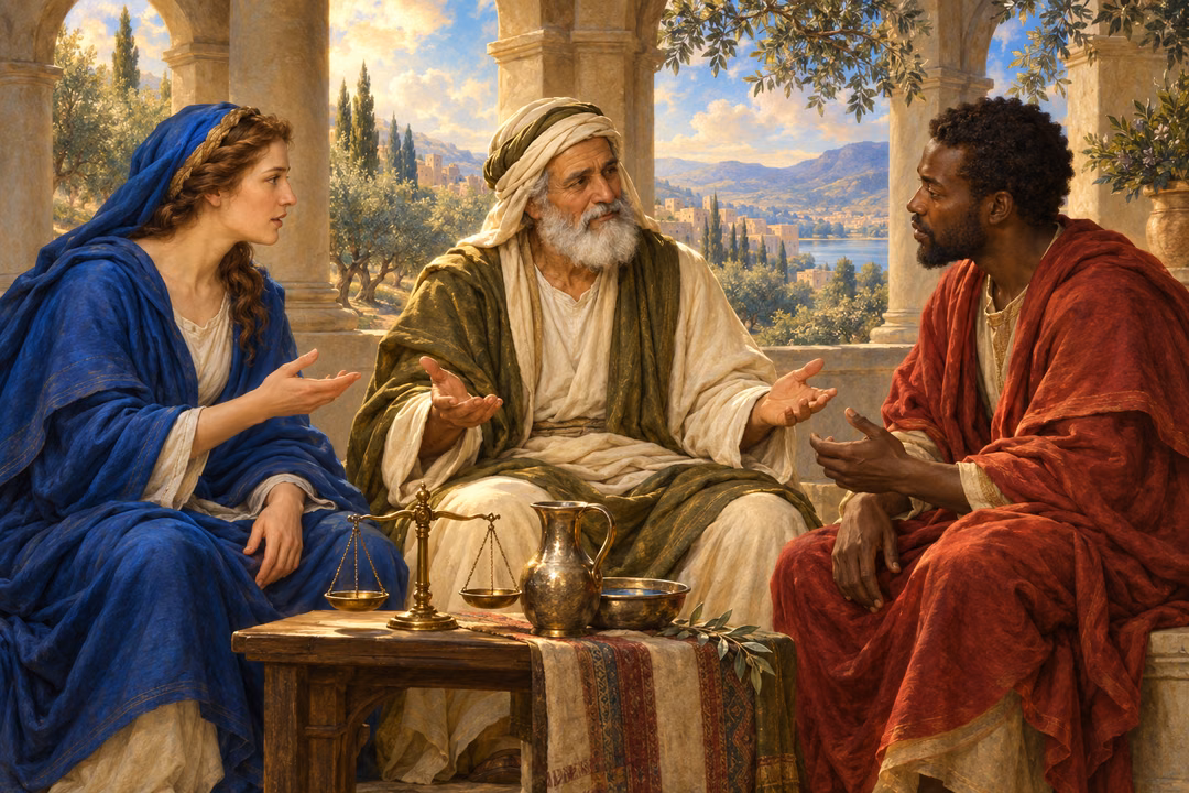 A wise elder listens equally to two neighbors beneath an arcade, with balanced scales suggesting impartial mercy and justice.