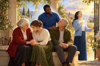 A diverse group comforts one another in an open garden portico as spiritual light fills their fellowship and a discarded yoke rests aside.