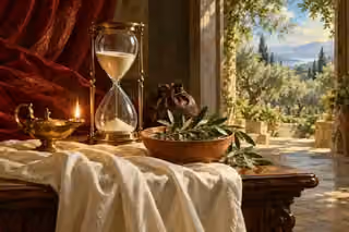 An hourglass, burning lamp and fresh olive shoots stand beside an open sunlit garden door.