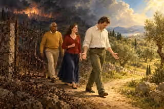 Three repentant people leave a barren enclosure under warning clouds and walk into a fruitful hillside illuminated by mercy.