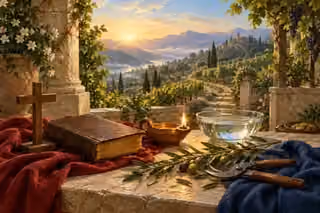 An oil lamp, Bible and pruning tools symbolize diligent growth toward eternal life.