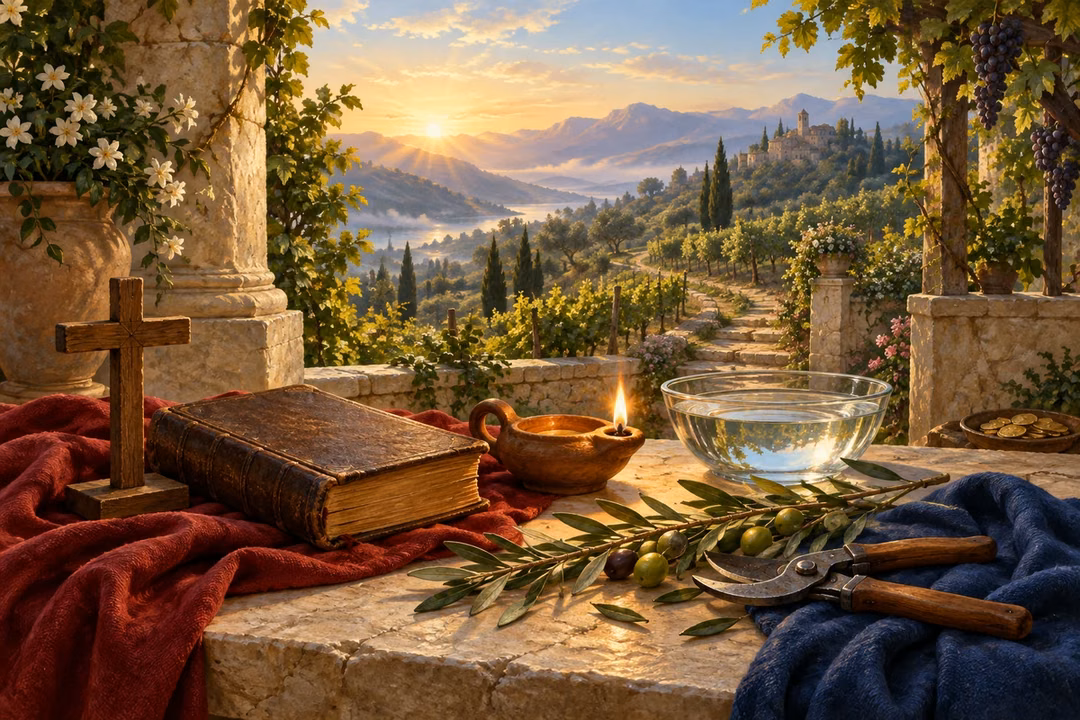 An oil lamp, Bible and pruning tools symbolize diligent growth toward eternal life.