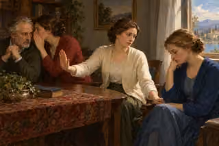 Painting of a woman gently stopping a whispered conversation while turning toward a hurt friend seated apart in a shadowed modern room.