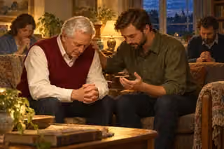 A younger man prays beside an older friend while two companions quietly join them.
