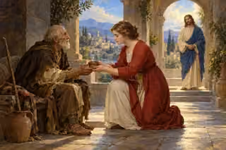 A woman offers water to an elderly neighbor as Christ's quiet light illuminates their simple act of love.