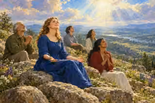 Five believers sit among uncarved rocks and wildflowers overlooking a broad valley, praying beneath a radiant sky.