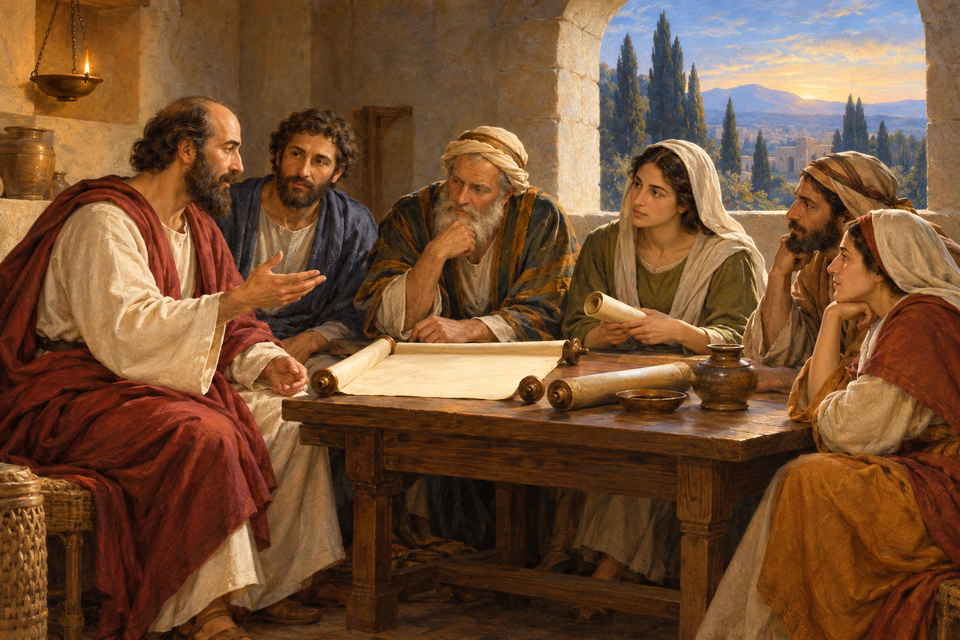 Paul and Silas join four thoughtful Berean listeners around a wooden table of blank parchment scrolls in a warm stone room opening onto cypress trees and dawn hills.