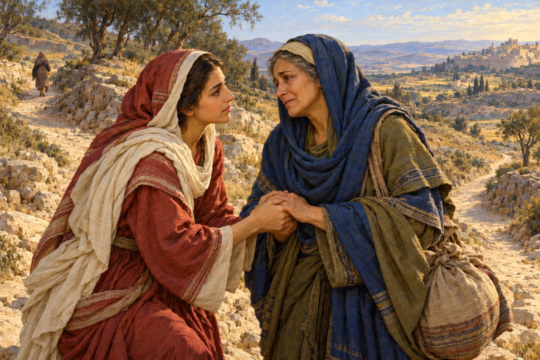 Ruth holds Naomi's hands with steadfast love at a fork in the road toward Bethlehem.