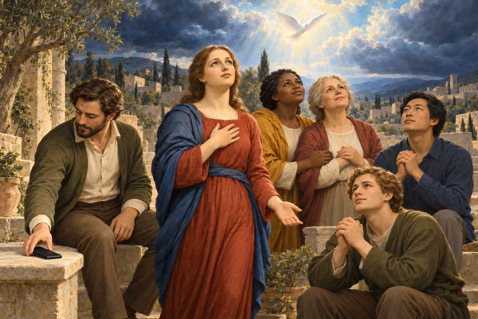 Six believers turn toward heavenly light and a white dove while a seated man sets a phone aside.