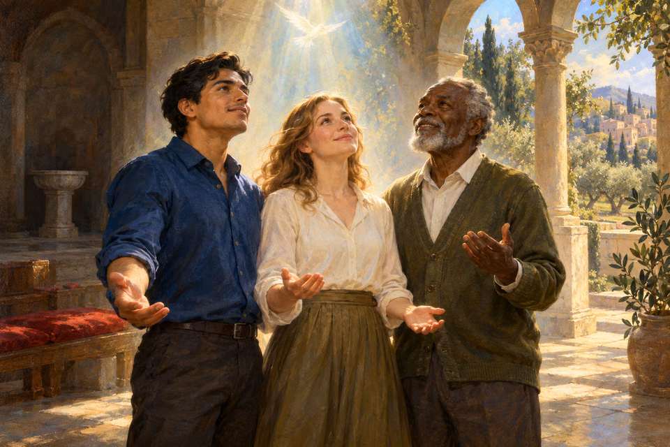 Three adults pray together in a sunlit stone hall opening to an olive garden, with an unused stone font in a shadowed rear corner.