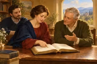 An older man listens attentively as a woman shares an open Bible with him.