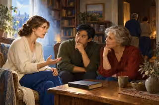 A woman speaks gently to two attentive listeners around a table in a home library while two figures depart through a dim doorway.