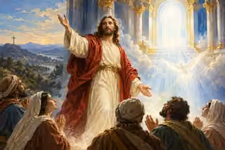 The risen Christ stands before a radiant heavenly sanctuary with a white dove and praying believers, while an empty cross rests on a distant hill.