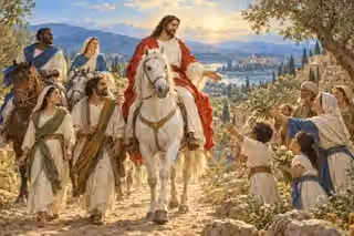 Christ rides a white horse with companions of different peoples as families welcome the peaceful procession.