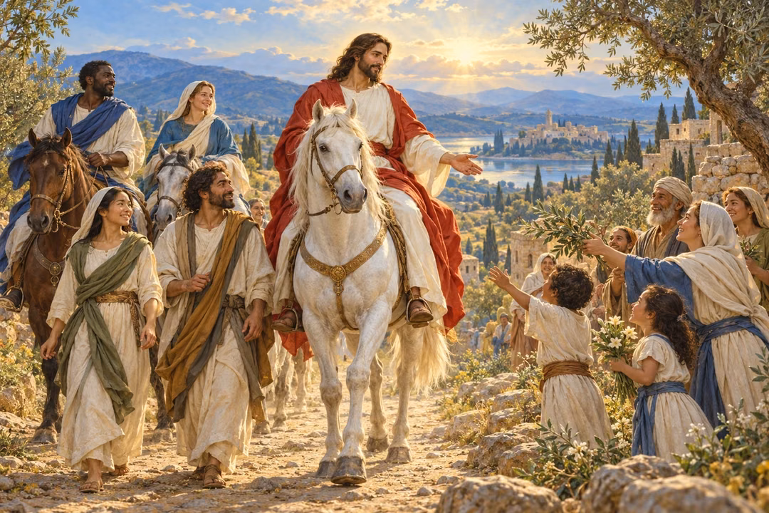 Christ rides a white horse with companions of different peoples as families welcome the peaceful procession.