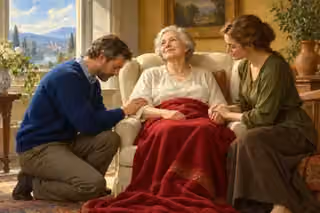 An elderly woman receives a gentle home prayer visit while her daughter holds her hand.