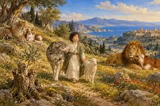 A child leads a wolf and lamb through a peaceful meadow as a leopard, goat, lion and calf rest together.
