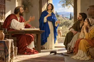 Paul teaches attentive believers beside an open doorway, with a loosened shackle expressing freedom through the Spirit.