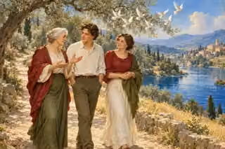 Three friends share wise conversation beneath a flock of doves.