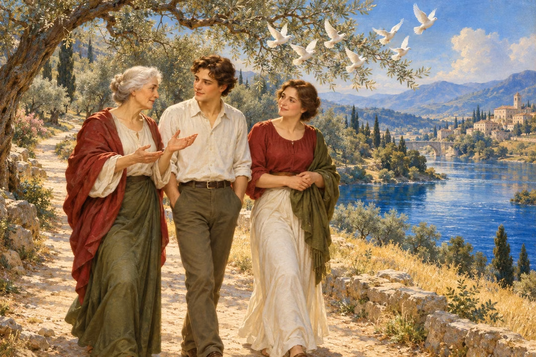 Three friends share wise conversation beneath a flock of doves.