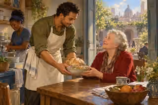 A community kitchen volunteer shares bread and a bowl of food with an elderly neighbor while another volunteer washes a cup.