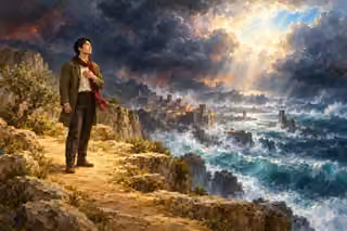 A calm man with one hand over his heart stands on a sunlit cliff path above immense storm-driven waves and a distant coastal city, facing light breaking through indigo clouds.